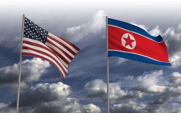 暗い雲の背景にアメリカ国旗と北朝鮮国旗 3Dレンダリング — ストック写真