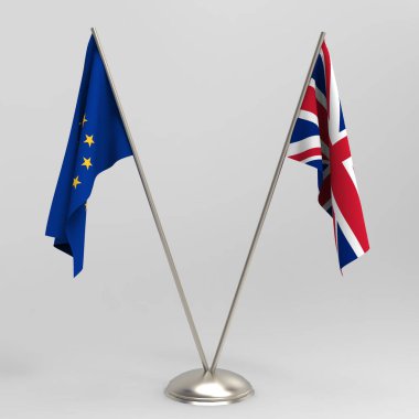 Brexit concept. British flag and EU flag on a gray background, 3d render.