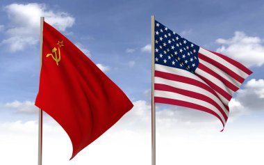 USSR flag and USA flag on a sky background, 3d render.