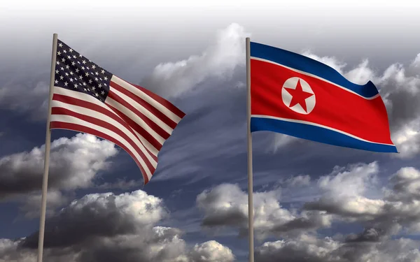 Relações Entre Eua Coreia Norte Bandeira Dos Eua Bandeira Coreia — Fotografia de Stock