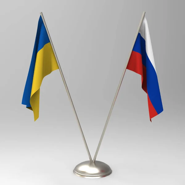 Bandera Ucrania Bandera Rusia Sobre Fondo Gris Banderas Mesa Render Imagen De Stock