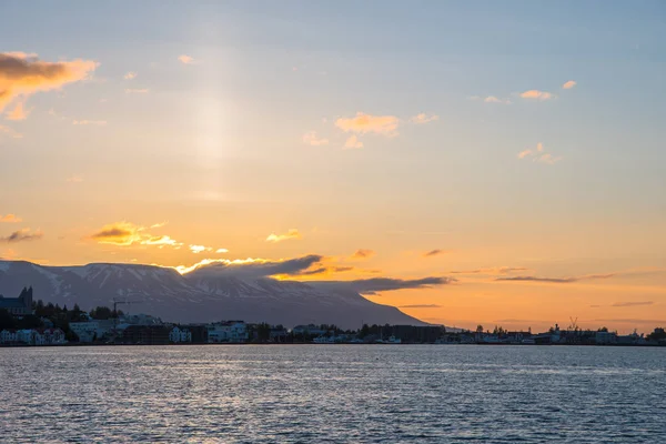Solnedgång Staden Akureyri Norra Island — Stockfoto