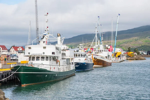 Akureyri Islândia Agosto 2018 Barcos Observação Baleias Cais Porto Akureyri — Fotografia de Stock