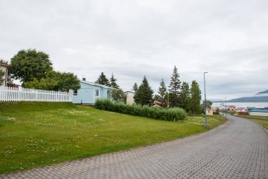 İzlanda 'da Hrisey Köyü bulutlu bir yaz gününde
