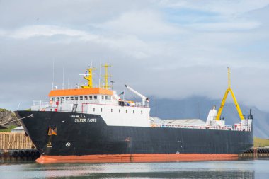 Hofn İzlanda - 5 Temmuz. 2020: İzlanda 'nın Hornafjordur limanındaki iskeledeki esrarlı gümüş fiyort