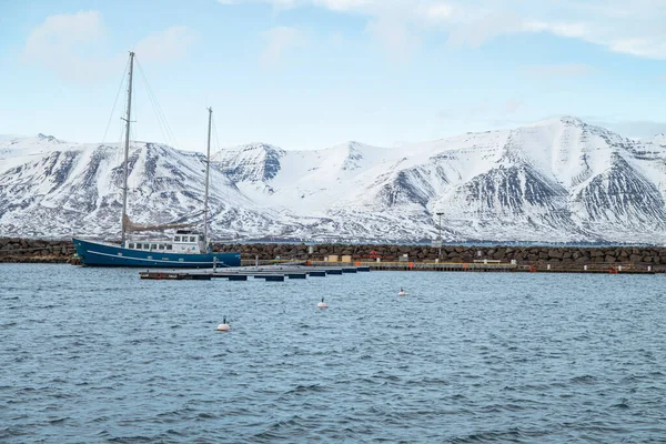 Hrisey İzlanda - 1 Şubat. 2025: Aztek yelkenli kadın limanda