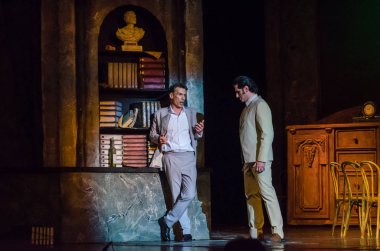 Dnipro, Ukrayna - 30 Haziran 2018, 2018: Opera Onegin Dnipro Opera ve Bale Tiyatrosu üyeleri tarafından gerçekleştirilen hayat.