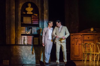 Dnipro, Ukrayna - 30 Haziran 2018, 2018: Opera Onegin Dnipro Opera ve Bale Tiyatrosu üyeleri tarafından gerçekleştirilen hayat.