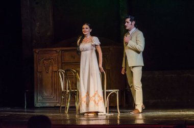 Dnipro, Ukrayna - 30 Haziran 2018, 2018: Opera Onegin Dnipro Opera ve Bale Tiyatrosu üyeleri tarafından gerçekleştirilen hayat.