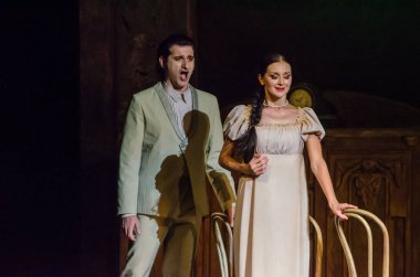 Dnipro, Ukrayna - 30 Haziran 2018, 2018: Opera Onegin Dnipro Opera ve Bale Tiyatrosu üyeleri tarafından gerçekleştirilen hayat.