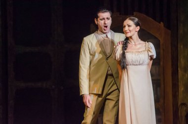 Dnipro, Ukrayna - 30 Haziran 2018, 2018: Opera Onegin Dnipro Opera ve Bale Tiyatrosu üyeleri tarafından gerçekleştirilen hayat.