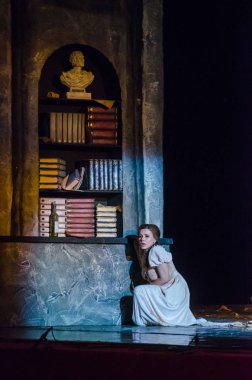 Dnipro, Ukrayna - 30 Haziran 2018, 2018: Opera Onegin Dnipro Opera ve Bale Tiyatrosu üyeleri tarafından gerçekleştirilen hayat.