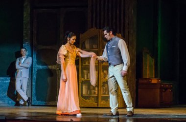 Dnipro, Ukrayna - 30 Haziran 2018, 2018: Opera Onegin Dnipro Opera ve Bale Tiyatrosu üyeleri tarafından gerçekleştirilen hayat.