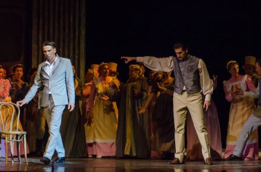 Dnipro, Ukrayna - 30 Haziran 2018, 2018: Opera Onegin Dnipro Opera ve Bale Tiyatrosu üyeleri tarafından gerçekleştirilen hayat.