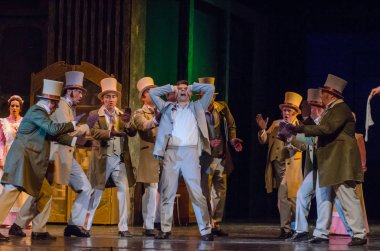 Dnipro, Ukrayna - 30 Haziran 2018, 2018: Opera Onegin Dnipro Opera ve Bale Tiyatrosu üyeleri tarafından gerçekleştirilen hayat.
