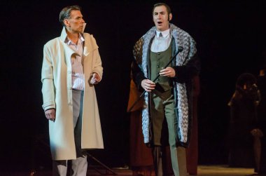 Dnipro, Ukrayna - 30 Haziran 2018, 2018: Opera Onegin Dnipro Opera ve Bale Tiyatrosu üyeleri tarafından gerçekleştirilen hayat.