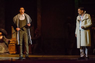 Dnipro, Ukrayna - 30 Haziran 2018, 2018: Opera Onegin Dnipro Opera ve Bale Tiyatrosu üyeleri tarafından gerçekleştirilen hayat.