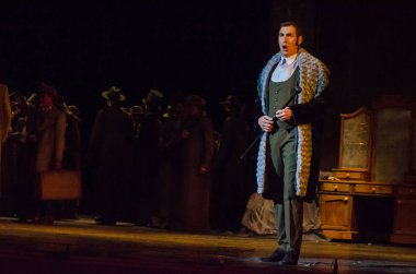 Dnipro, Ukrayna - 30 Haziran 2018, 2018: Opera Onegin Dnipro Opera ve Bale Tiyatrosu üyeleri tarafından gerçekleştirilen hayat.