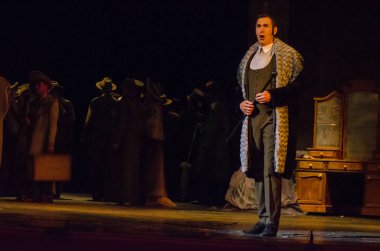 Dnipro, Ukrayna - 30 Haziran 2018, 2018: Opera Onegin Dnipro Opera ve Bale Tiyatrosu üyeleri tarafından gerçekleştirilen hayat.