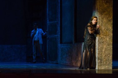 Dnipro, Ukrayna - 30 Haziran 2018, 2018: Opera Onegin Dnipro Opera ve Bale Tiyatrosu üyeleri tarafından gerçekleştirilen hayat.