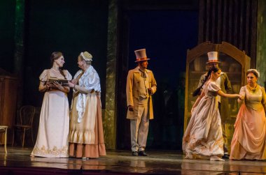 Dnipro, Ukrayna - 30 Haziran 2018, 2018: Opera Onegin Dnipro Opera ve Bale Tiyatrosu üyeleri tarafından gerçekleştirilen hayat.