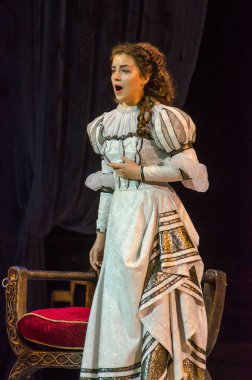 Dnipro, Ukrayna - 7 Ekim 2018: Dnipro Devlet Opera ve Bale Tiyatrosu üyeleri tarafından gerçekleştirilen Rigoletto opera.