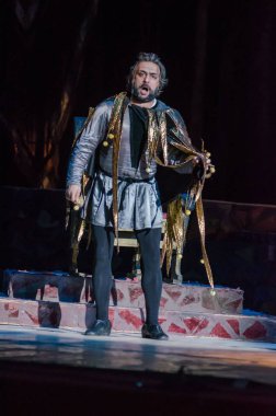 Dnipro, Ukrayna - 7 Ekim 2018: Dnipro Devlet Opera ve Bale Tiyatrosu üyeleri tarafından gerçekleştirilen Rigoletto opera.