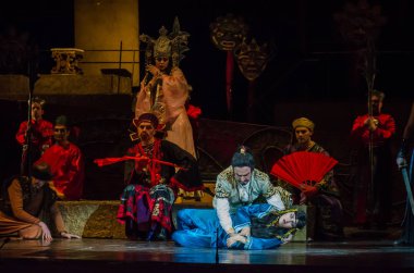 Dnipro, Ukrayna - 22 Aralık 2018: Klasik Giacomo Puccini Dnipro Opera ve Bale Tiyatrosu üyeleri tarafından gerçekleştirilen Turandot Operası.