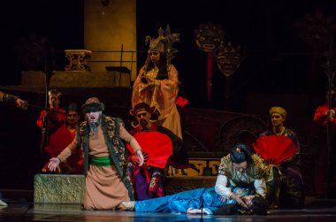 Dnipro, Ukrayna - 22 Aralık 2018: Klasik Giacomo Puccini Dnipro Opera ve Bale Tiyatrosu üyeleri tarafından gerçekleştirilen Turandot Operası.