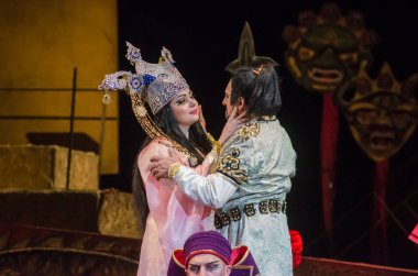 Dnipro, Ukrayna - 22 Aralık 2018: Klasik Giacomo Puccini Dnipro Opera ve Bale Tiyatrosu üyeleri tarafından gerçekleştirilen Turandot Operası.