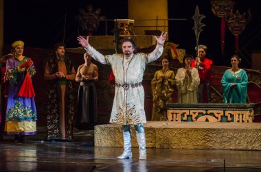 Dnipro, Ukrayna - 22 Aralık 2018: Klasik Giacomo Puccini Dnipro Opera ve Bale Tiyatrosu üyeleri tarafından gerçekleştirilen Turandot Operası.