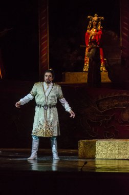 Dnipro, Ukrayna - 22 Aralık 2018: Klasik Giacomo Puccini Dnipro Opera ve Bale Tiyatrosu üyeleri tarafından gerçekleştirilen Turandot Operası.