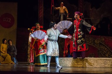 Dnipro, Ukrayna - 22 Aralık 2018: Klasik Giacomo Puccini Dnipro Opera ve Bale Tiyatrosu üyeleri tarafından gerçekleştirilen Turandot Operası.