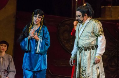 Dnipro, Ukrayna - 22 Aralık 2018: Klasik Giacomo Puccini Dnipro Opera ve Bale Tiyatrosu üyeleri tarafından gerçekleştirilen Turandot Operası.