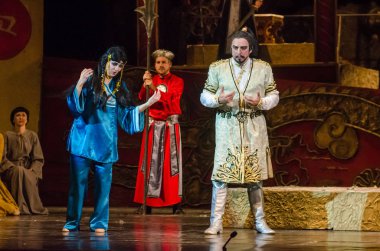 Dnipro, Ukrayna - 22 Aralık 2018: Klasik Giacomo Puccini Dnipro Opera ve Bale Tiyatrosu üyeleri tarafından gerçekleştirilen Turandot Operası.