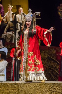 Dnipro, Ukrayna - 22 Aralık 2018: Klasik Giacomo Puccini Dnipro Opera ve Bale Tiyatrosu üyeleri tarafından gerçekleştirilen Turandot Operası.