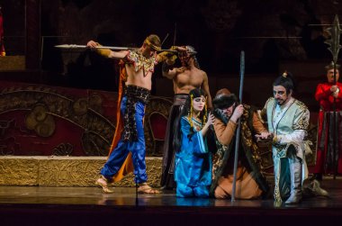 Dnipro, Ukrayna - 22 Aralık 2018: Klasik Giacomo Puccini Dnipro Opera ve Bale Tiyatrosu üyeleri tarafından gerçekleştirilen Turandot Operası.