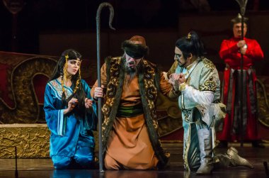 Dnipro, Ukrayna - 22 Aralık 2018: Klasik Giacomo Puccini Dnipro Opera ve Bale Tiyatrosu üyeleri tarafından gerçekleştirilen Turandot Operası.