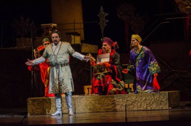 Dnipro, Ukrayna - 22 Aralık 2018: Klasik Giacomo Puccini Dnipro Opera ve Bale Tiyatrosu üyeleri tarafından gerçekleştirilen Turandot Operası.