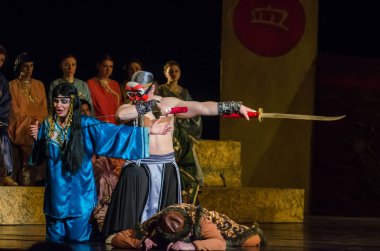 Dnipro, Ukrayna - 22 Aralık 2018: Klasik Giacomo Puccini Dnipro Opera ve Bale Tiyatrosu üyeleri tarafından gerçekleştirilen Turandot Operası.