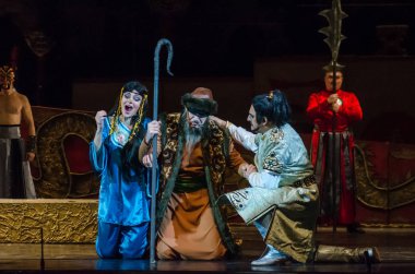 Dnipro, Ukrayna - 22 Aralık 2018: Klasik Giacomo Puccini Dnipro Opera ve Bale Tiyatrosu üyeleri tarafından gerçekleştirilen Turandot Operası.