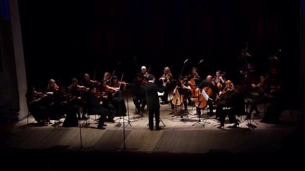 ドニエプル ウクライナ 2018 メンバーの つの季節室内管弦楽団での主な指揮者ドミトリー Logvin 国立ドラマ劇場でフェリックス メンデルス ゾーンによって音楽を演奏します — ストック動画