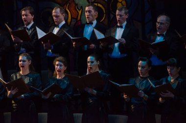 Dnipro, Ukrayna - 20 Şubat 2019: Requiem Dnipro Opera ve bale Tiyatrosu üyeleri tarafından gerçekleştirilen Verdi tarafından.