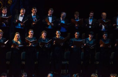 Dnipro, Ukrayna - 20 Şubat 2019: Requiem Dnipro Opera ve bale Tiyatrosu üyeleri tarafından gerçekleştirilen Verdi tarafından.