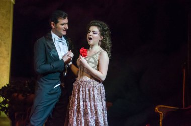 Dnipro, Ukrayna - 23 Şubat 2019: Giuseppe Verdi Dnipro Opera ve bale Tiyatrosu üyeleri tarafından gerçekleştirilen Traviata tarafından klasik Opera.