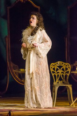 Dnipro, Ukrayna - 23 Şubat 2019: Giuseppe Verdi Dnipro Opera ve bale Tiyatrosu üyeleri tarafından gerçekleştirilen Traviata tarafından klasik Opera.