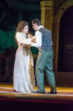 Dnipro, Ukrayna - 23 Şubat 2019: Giuseppe Verdi Dnipro Opera ve bale Tiyatrosu üyeleri tarafından gerçekleştirilen Traviata tarafından klasik Opera.