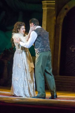 Dnipro, Ukrayna - 23 Şubat 2019: Giuseppe Verdi Dnipro Opera ve bale Tiyatrosu üyeleri tarafından gerçekleştirilen Traviata tarafından klasik Opera.
