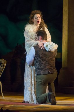 Dnipro, Ukrayna - 23 Şubat 2019: Giuseppe Verdi Dnipro Opera ve bale Tiyatrosu üyeleri tarafından gerçekleştirilen Traviata tarafından klasik Opera.