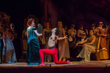 Dnipro, Ukrayna - 23 Şubat 2019: Giuseppe Verdi Dnipro Opera ve bale Tiyatrosu üyeleri tarafından gerçekleştirilen Traviata tarafından klasik Opera.